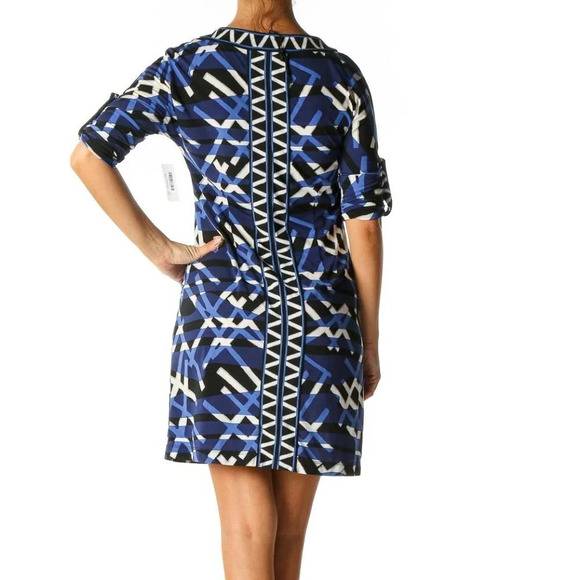 BCBGMaxAzria Blue Short Sleeve Geometric Print Belted Shift Dress Size XXS - Picture 3 of 9